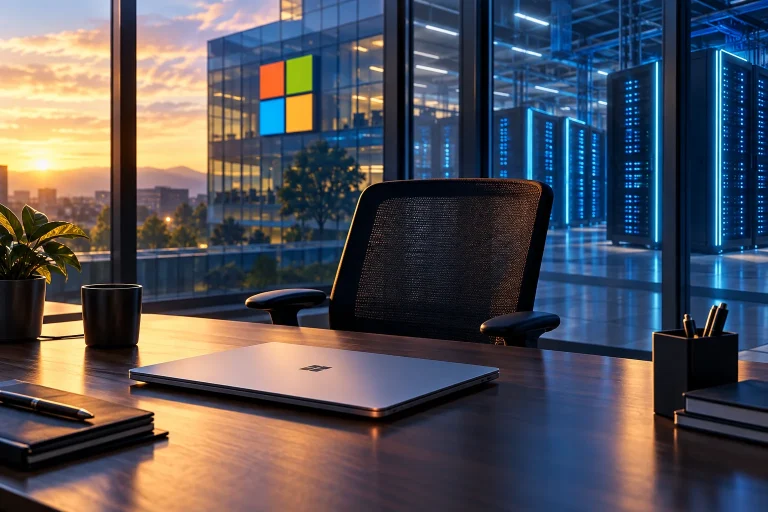 Ilustração de cadeira vazia em escritório da Microsoft diante de servidores de inteligência artificial.