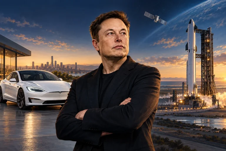 Ilustração editorial de Elon Musk entre um carro elétrico e um foguete em uma plataforma de lançamento.