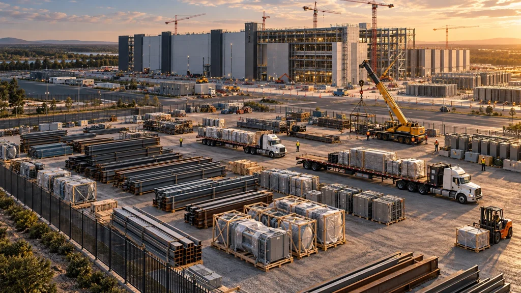 Ilustração de pátio industrial com aço, equipamentos e caminhões diante de um centro de dados em construção.
