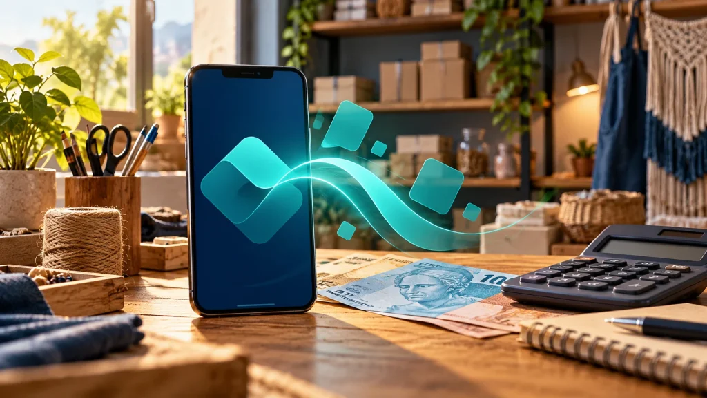 Celular e calculadora em pequeno negócio, em ilustração sobre o Pix MEI