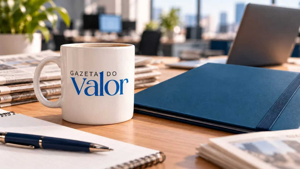 Caneca com a marca Gazeta do Valor sobre uma mesa de redação.