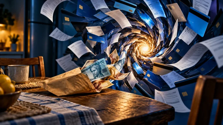 Ilustração de um envelope com dinheiro sendo puxado por um redemoinho de cartões e contas.