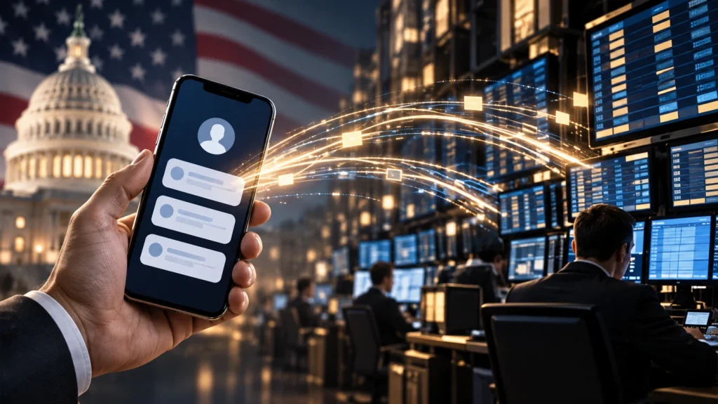 Ilustração de celular transmitindo publicações para telas de negociação financeira nos Estados Unidos